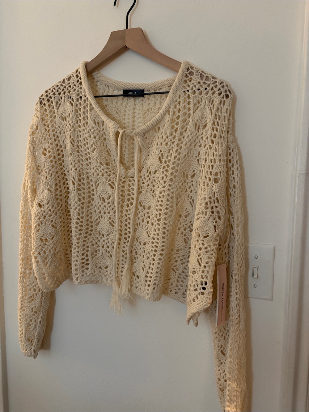 Aqua Cream Open-Knit Tie-Neck Crochet Sweater